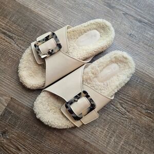 Definery Cream Leather Shearling Lined‎ Slide Sandals Tortoise Buckle Italy 38